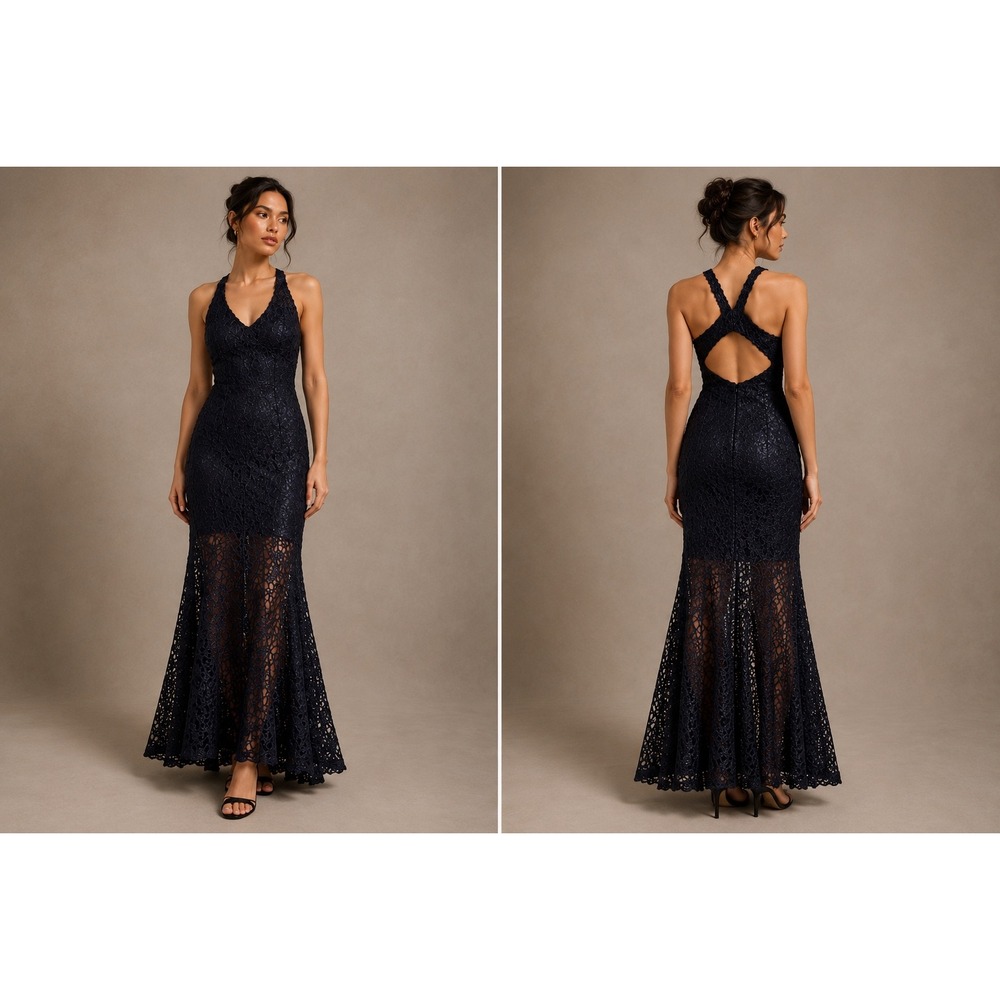 Marin Navy Blue Lace Mermaid Maxi Dress Crisscross Back Gown Size 12‎